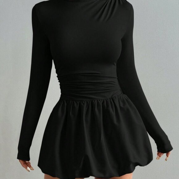 Black Casual Women's Round Neck Long Sleeve Pleated Tulip Hem Mini Dress - Picture 7 of 7